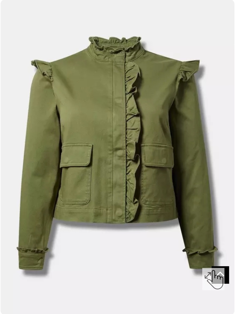 torrid Olive Twill Utility Jacket with Ruffles (Travel Capsule Item) -4X/5X
